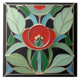 Modernist Art nouveau Faux Relief Grönt Red Flower Kakelplatta
