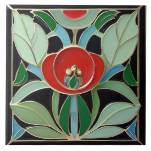 Modernist Art nouveau Faux Relief Grönt Red Flower Kakelplatta