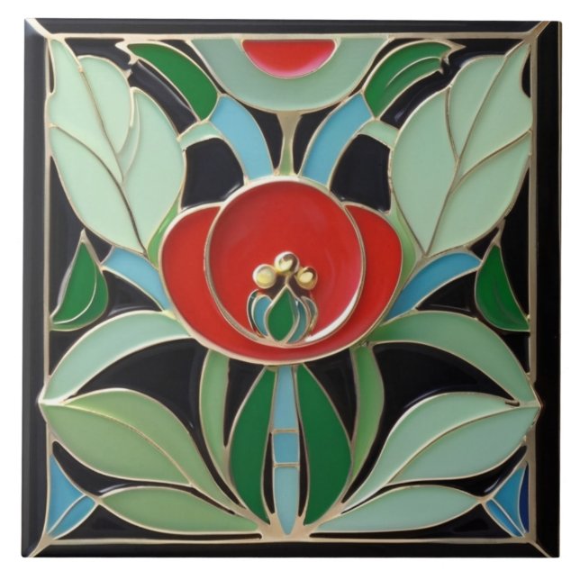 Modernist Art nouveau Faux Relief Grönt Red Flower Kakelplatta (Framsidan)