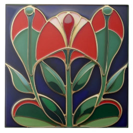 Modernist Art nouveau Grönt och Röda blomman Kurvo Kakelplatta