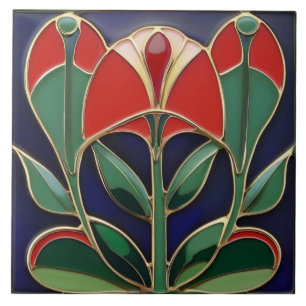 Modernist Art nouveau Grönt och Röda blomman Kurvo Kakelplatta