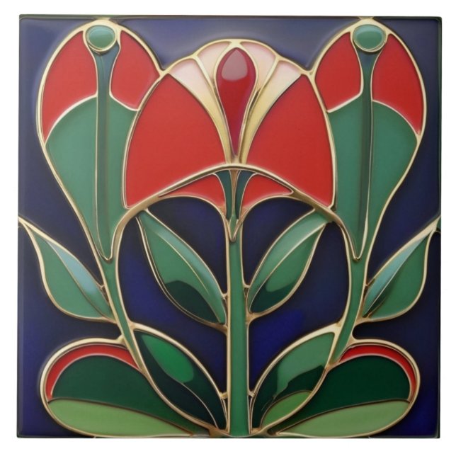 Modernist Art nouveau Grönt och Röda blomman Kurvo Kakelplatta (Framsidan)