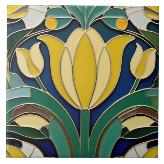 Modernist Art nouveau Gult Tulip Flower Kakelplatta (Framsidan)