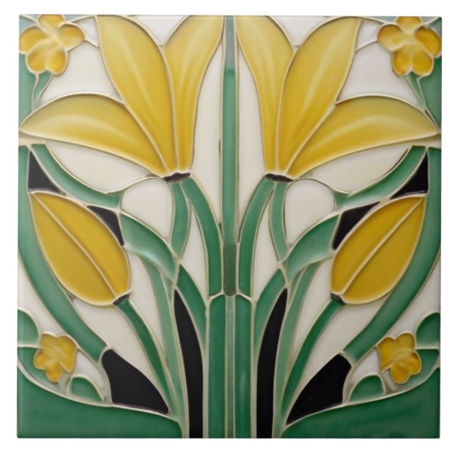 Modernist Art nouveau Gult Tulip Flowers Kakelplatta (Framsidan)