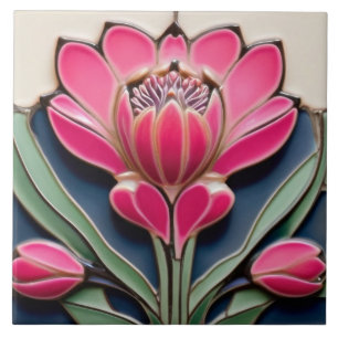 Modernist Art nouveau Protea Flower Shock rosa Kakelplatta