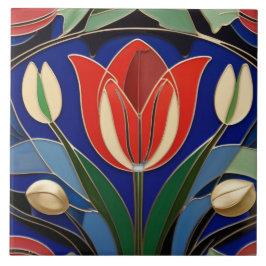 Modernist Art nouveau Red Tulip Flower Blommigt Kakelplatta