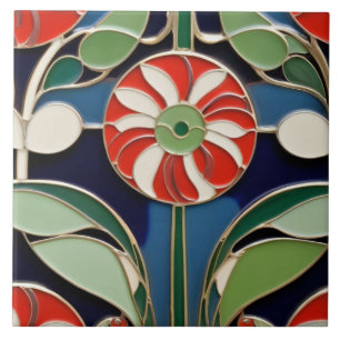Modernist Art nouveau Round Red Flower Blommigt Kakelplatta