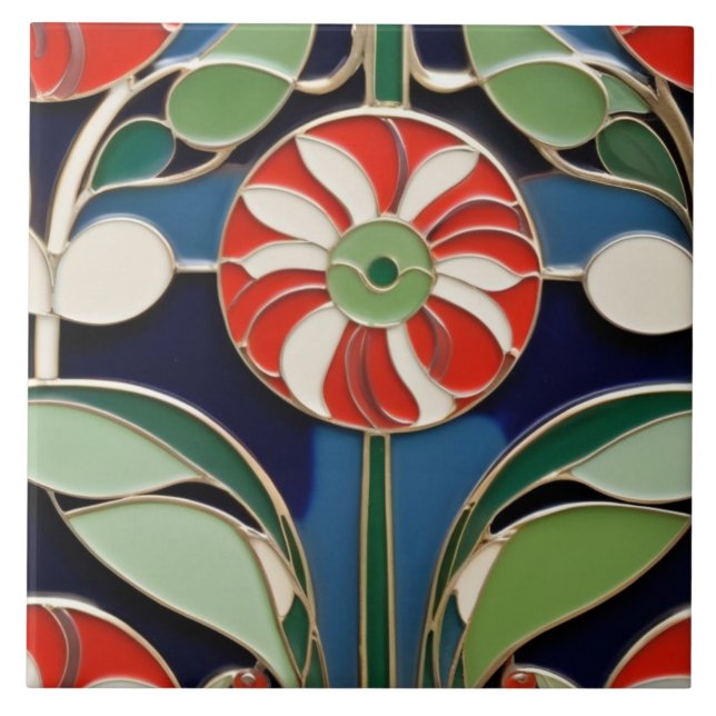 Modernist Art nouveau Round Red Flower Blommigt Kakelplatta (Framsidan)