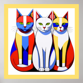 Modernist Cats Vibrant Tri-Färg Cats Wall Art Poster