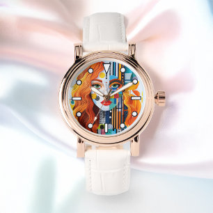 Modernist Geometric Pop Art Womans Ansikte Dam Armbandsur