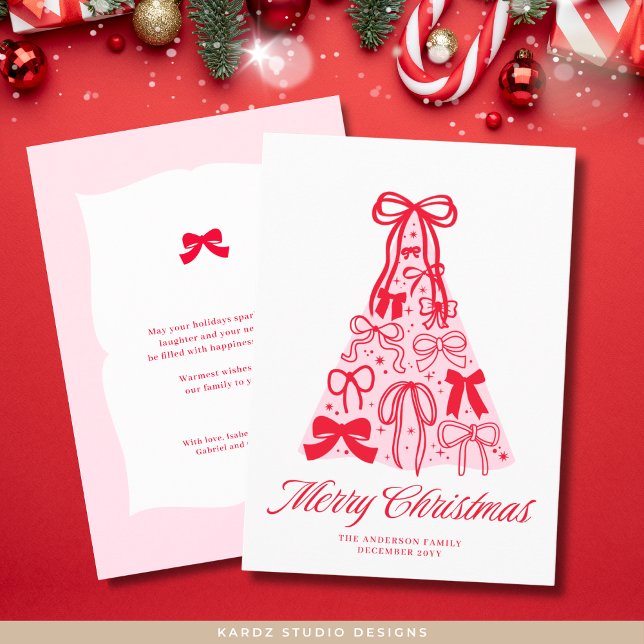 ModernPink Red Bow God jul Helgdag Card Julkort (Front and back of 5 x 7 inches flat card shown. Personalize and choose paper and corner style.)