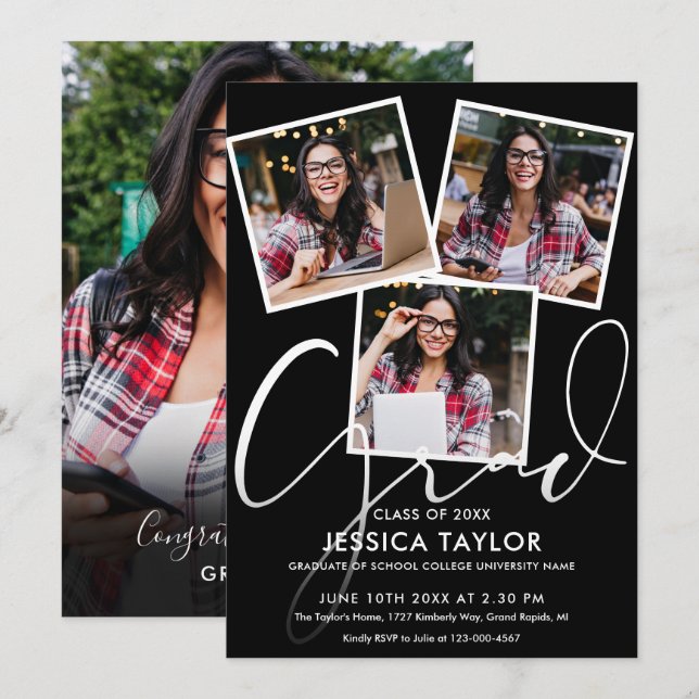 Modernt 4-bilds fotokollage examensfest inbjudningar (Fram/baksida)