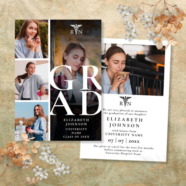 Modernt 5-foto RN Sjuksköterska Examen Inbjudan (Modern 5 Photo RN Nursing Graduation Announcement)