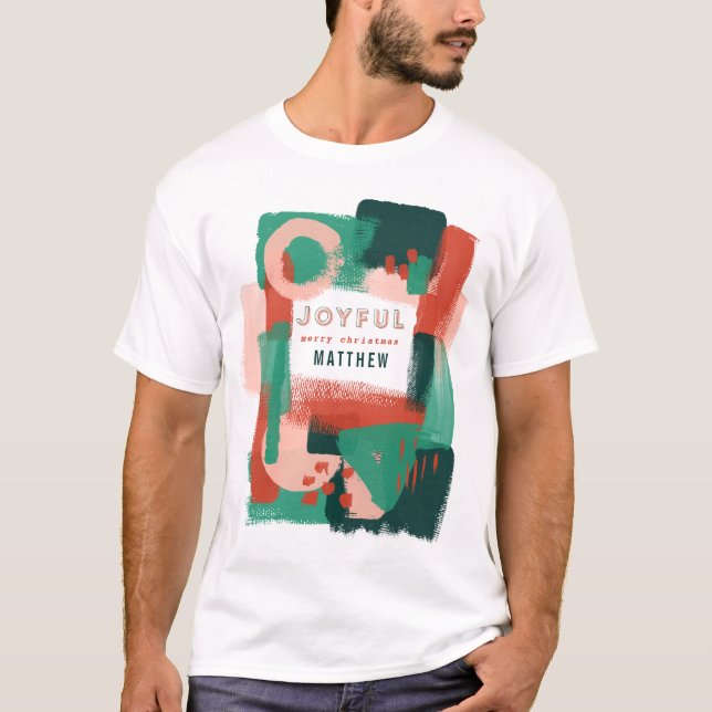 Modernt abstrakt grafiskt rött, rosa + grönt glatt t shirt (Framsida)