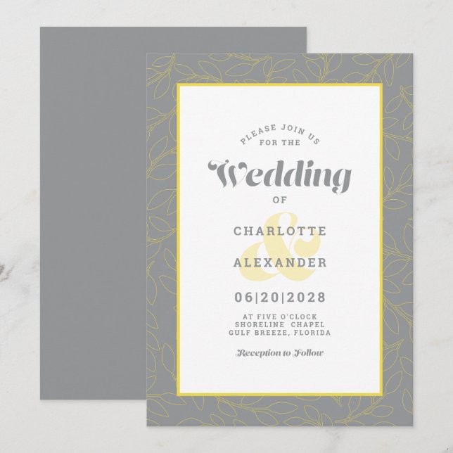 Modernt abstrakt löv Mönster | Grått & Gult Inbjudningar (Fram/baksida)