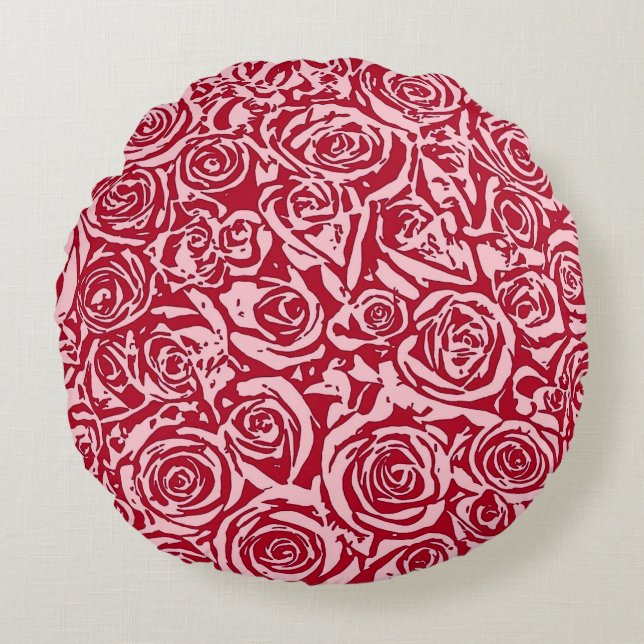 Modernt abstrakt rosemönster, rosenröd och rosa rund kudde (Framsidan)