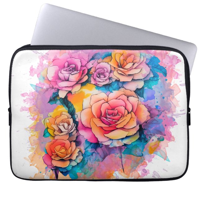 Modernt akvarellfärgda fläckar rosbukett laptop fodral (Framsidan)