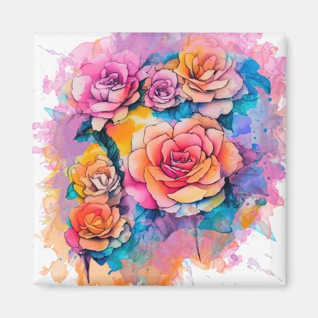 Modernt akvariefärgsmålade rosbukett magnet (Framsidan)
