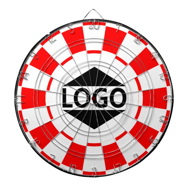 Modernt anpassat logotypbild på röd och vit darttavla (Framsidan)