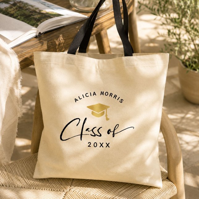 Modernt anpassat namn examens trendig skript guld tygkasse (Modern Custom Name Graduation Trendy Script Gold Tote Bag)