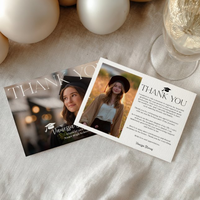 Modernt avslappnat  Enkel trendig 2 bilder examen Tack Kort (Modern Casual Simple Trendy 2 photos graduation Thank You Card)