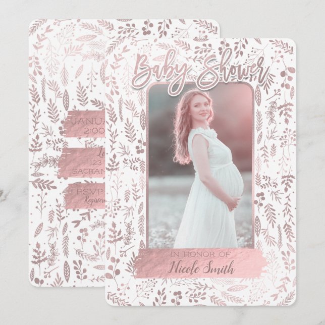 Modernt baby shower-fotografi med rosa roséguld fo inbjudningar (Fram/baksida)