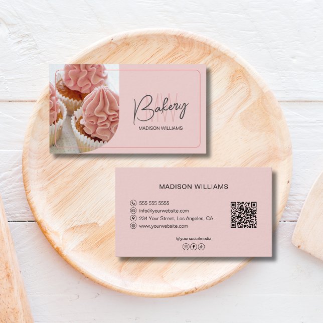 Modernt bagerimonogram logotyp QR konditor Visitkort (Modern Bakery Monogram Logo QR Pastry Chef Business Card)
