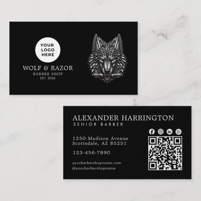 Modernt Barberar Silver Wolf Logotyp Qr Kod Visitkort (Fram/baksida)