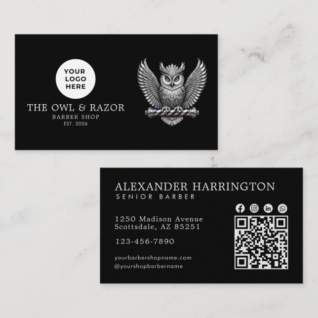 Modernt Barberarskylt Silver Uggl Logo Qr Kod Visitkort (Fram/baksida)