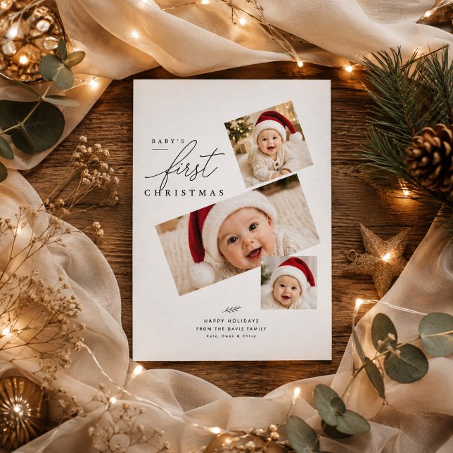 Modernt barns första jul tre foto högtid julkort (Skapare uppladdad)