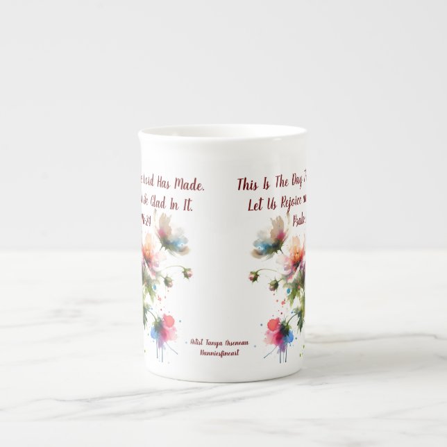 Modernt bibelvers rosa-lila blommotiv benporslin mugg (Framsidan)