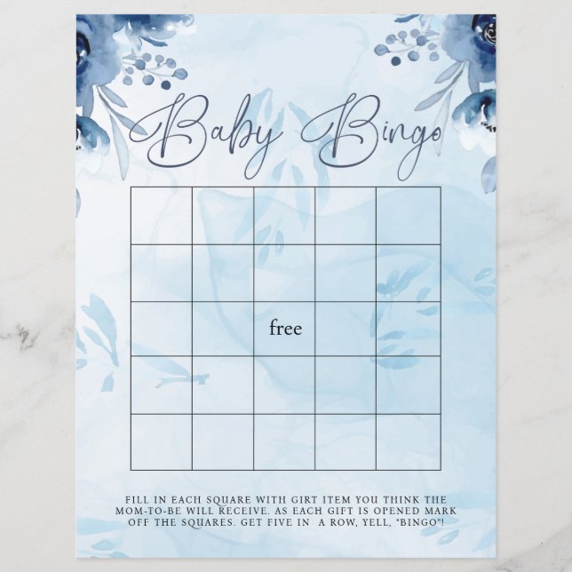 Modernt Blå Blommor Bingo Baby Shower Spel (Framsida)