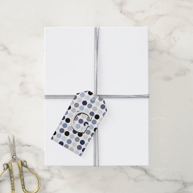 modernt blå grått polka dots mönster monogram presentetikett (Med Snöre)
