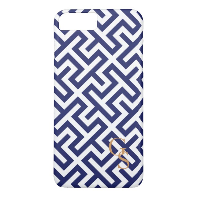 Modernt blå och vit geometrisk mönster monogram Case-Mate iPhone skal (Baksida)