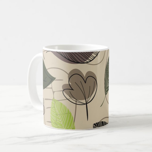 Modernt bladsmönster i grönt och beige kaffemugg (Framsida vänster)