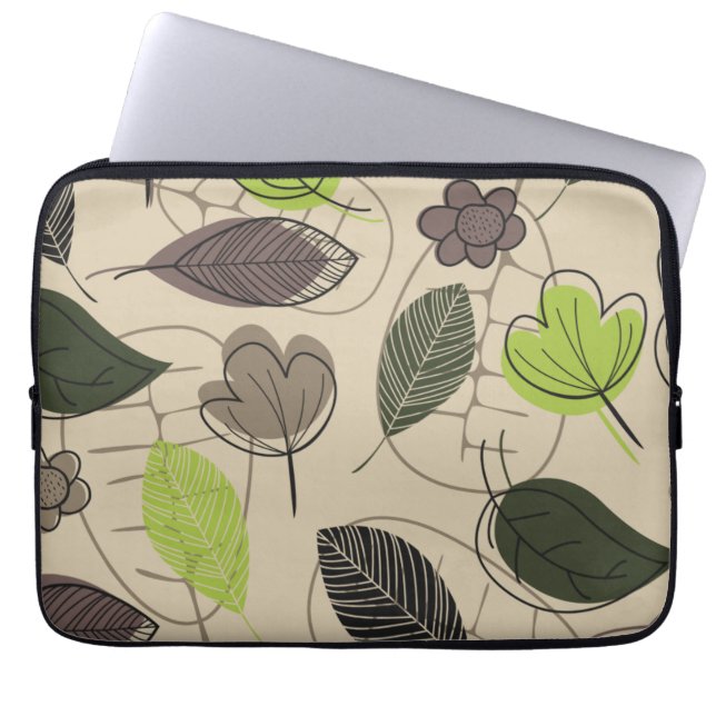 Modernt bladsmönster i grönt och beige laptop fodral (Framsidan)