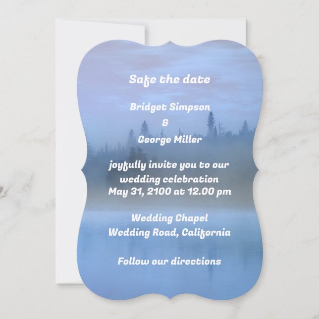 modernt blåfärgat landskap träd bröllop-kort (Framsida)
