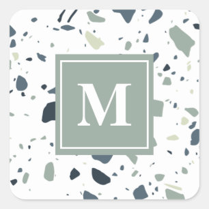 Modernt blågrönt terrazzo-marmor-monogram fyrkantigt klistermärke