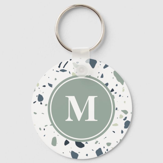 Modernt blågrönt terrazzo-marmor-monogram nyckelring (Framsida)