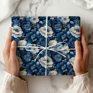 Modernt Blått Elfenbensblommigt Dekorativt Present Presentpapper