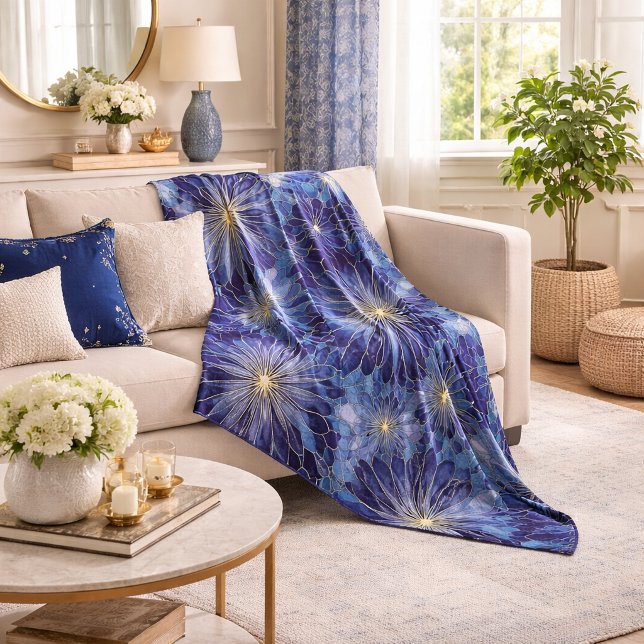 Modernt Blått Guld Blommigt Mönster Fleecefilt (Skapare uppladdad)