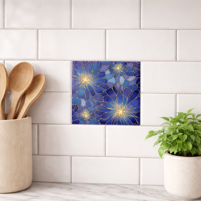 Modernt Blått Guld Blommönster Kakelplatta (Skapare uppladdad)