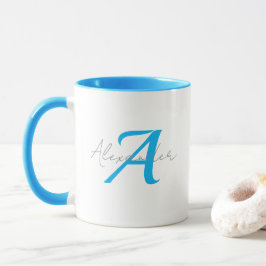 Modernt Blått Monogram & Namn i Personlig Skriftst Mugg