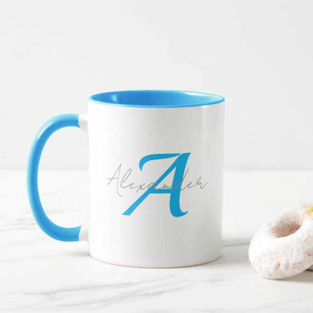 Modernt Blått Monogram & Namn i Personlig Skriftst Mugg (Med munk)