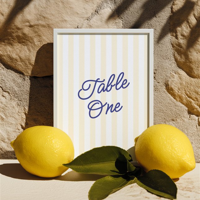 Modernt blått och gult randigt bordnummer för bröl inbjudningar (Modern Blue & Yellow Striped Wedding Table Number)