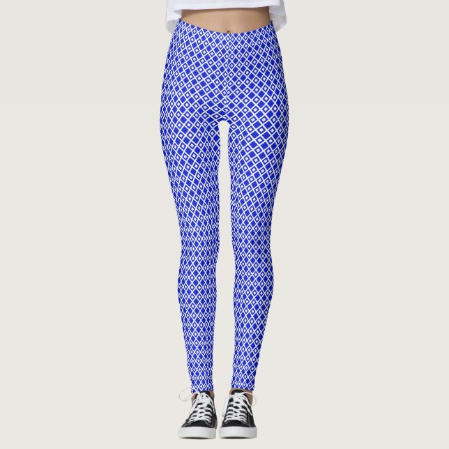 Modernt blått och vitt geometriskt diamantmönster leggings (Framsida)