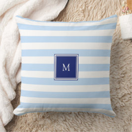 Modernt blått och vitt randigt mönster monogram kudde
