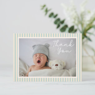 Modernt Blått Randigt Två Foto Babyfirande Meddela Tack Kort