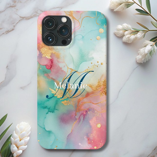 modernt blått rosa guld vattenfärgsmonogram (Skapare uppladdad)