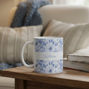 Modernt Blått Vattenfärg Blommönster Namn Kaffemugg